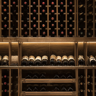 An elegant and modern wine cellar with neatly stacked bottles.